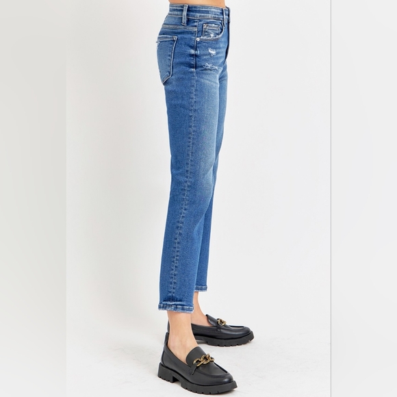 RISEN High-Rise Tummy Control Retro Jeans Distressed Bootcut Ankle Denim Pants - Picture 3 of 16